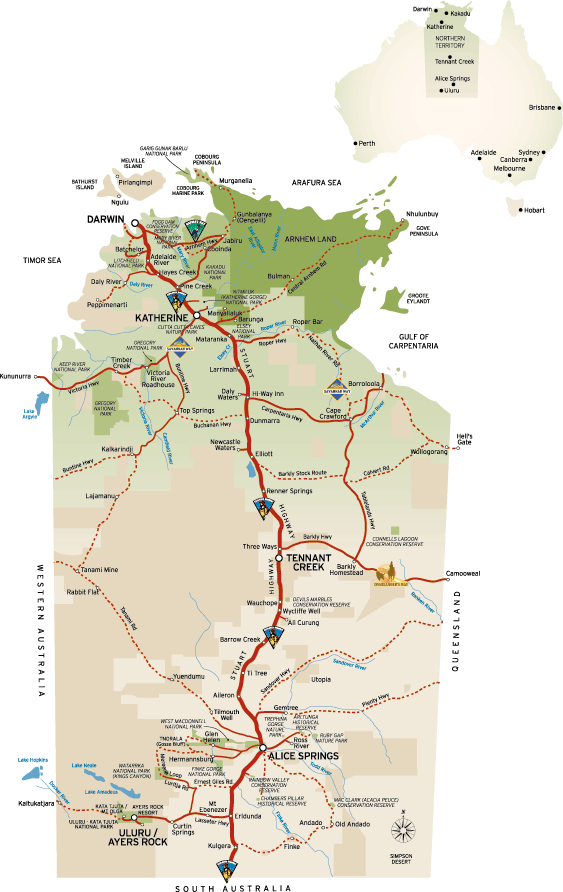 A large map of Stuart Highway from Darwin to Alice Springs